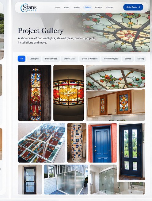 The project gallery uses a visual-first masonry layout to showcase Stan’s glasswork across different applications.