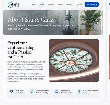 The About page combines Stan’s experience and craftsmanship story with a strong visual presentation of the work.