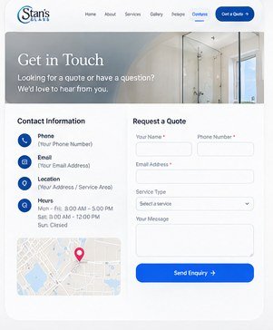 The contact experience brings service information and quote enquiries together in a simple, conversion-focused layout.
