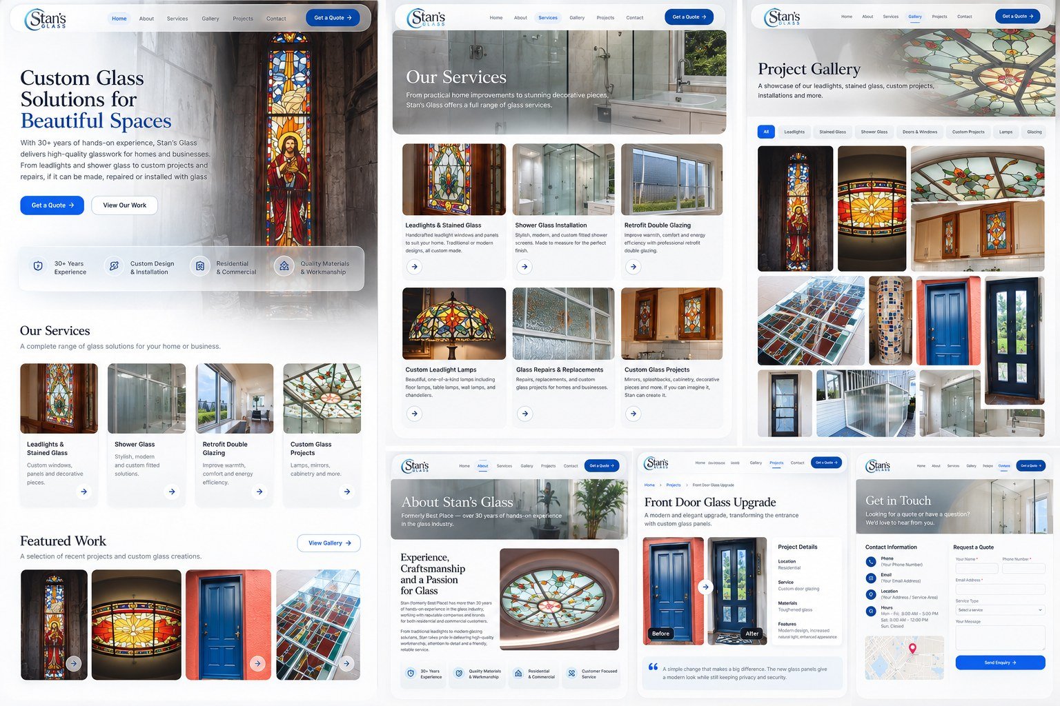 Full Stan’s Glass website design system showing the relationship between the key pages and responsive layouts.